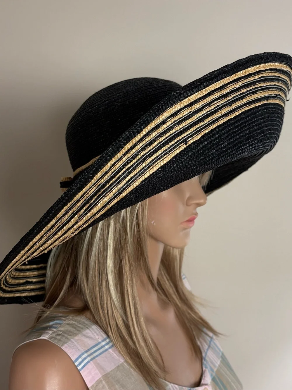 Women's LADY RACHEL Black & Tan WOVEN STRAW Wide Brim FASHION SUN HAT Italy